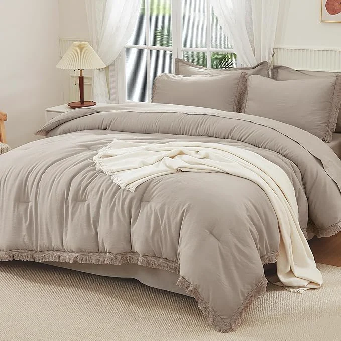 World-Class Andency Wheat King Size Comforter Set with Sheets - 7 Pieces Boho Tassel Bed in a Bag Soft Lightweight Bedding Sets Wheat Fringe Bed Set with Comforter Sheets Pillowcases amp Shams Advanced