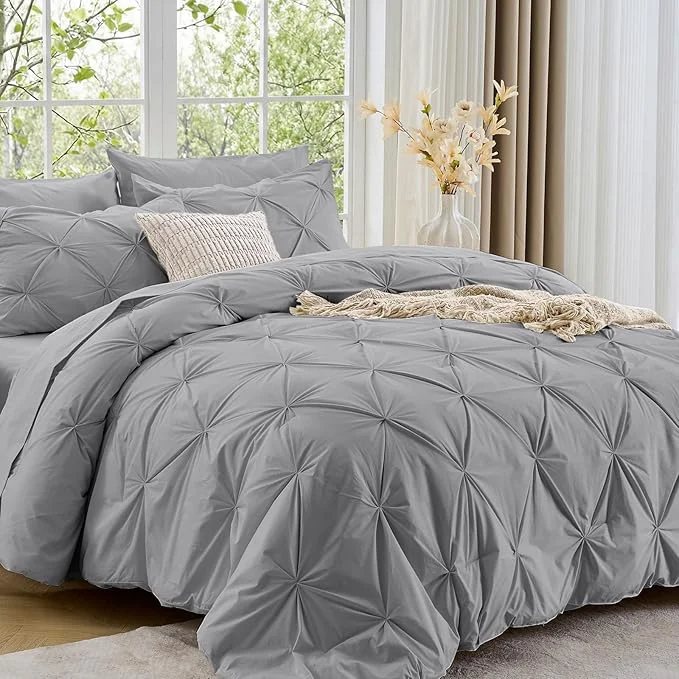 Stylish Sasttie Twin Comforter Set 5-Piece Bed in a Bag Pintuck Bedding Sets for All Season Includes Comforter Flat Sheet Fitted Sheet Pillowcase and Pillowsham Light Grey Genuine