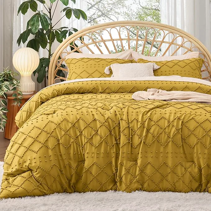 Top-Quality Bedsure King Comforter Set - Mustard Yellow Comforter Boho Tufted Shabby Chic Bedding for Kids 3 Pieces Vintage Farmhouse Bed Set for All Seasons Fluffy Soft Bedding with 2 Pillow Shams Stylish