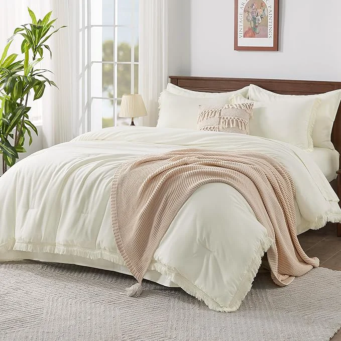 Breathable Andency Ivory Full Size Comforter Set with Sheets - 7 Pieces Boho Tassel Bed in a Bag Soft Lightweight Bedding Sets Ivory Fringe Bed Set with Comforter Sheets Pillowcases amp Shams Pure