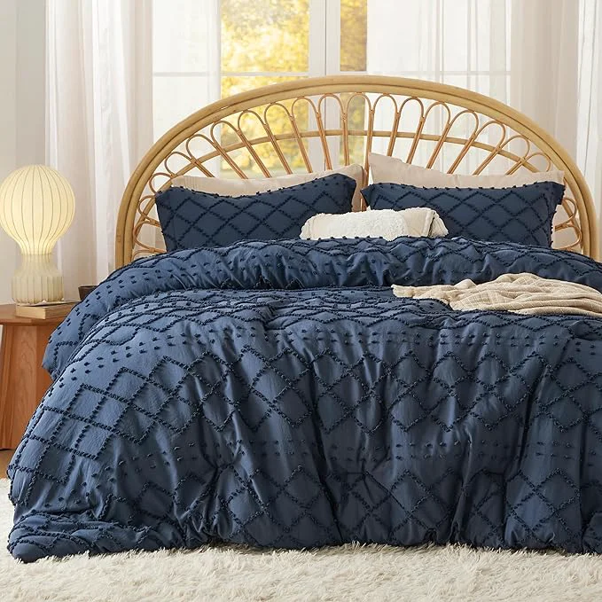 Fine Bedsure Full Comforter Set - Navy Blue Comforter Boho Tufted Shabby Chic Bedding for Kids 3 Pieces Vintage Farmhouse Bed Set for All Seasons Fluffy Soft Bedding with 2 Pillow Shams Clean