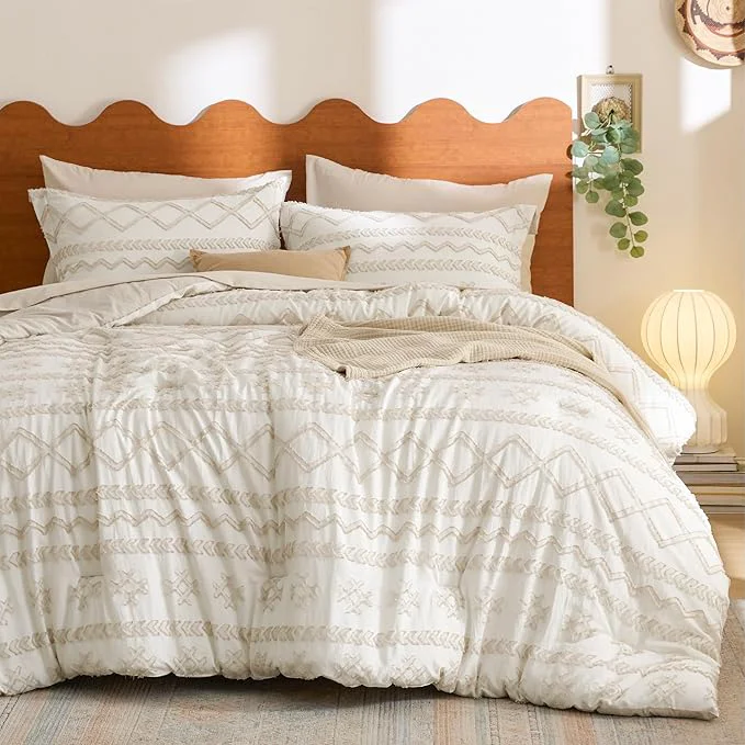 High-Performance Bedsure Tufted Boho Comforter Set Queen Size - Beige Boho Bed Set GentleSoft™ 3 Pieces Farmhouse Shabby Chic Home Decor Bedding Gifts for Woman Soft Jacquard Queen Comforter for All Seasons Smooth