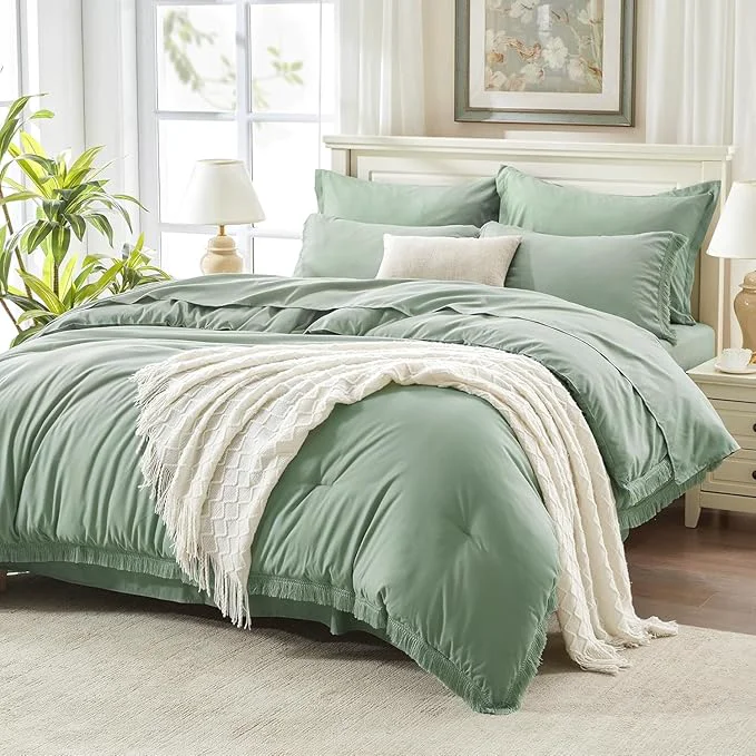 Optimized Andency Oversized King Comforter Set with Sheets 120x120 Sage Green - 7 Pieces Boho Tassel Bed in a Bag Soft Lightweight Bedding Sets Fringe Bed Set with Comforter Sheets Pillowcases amp Shams Premium Material