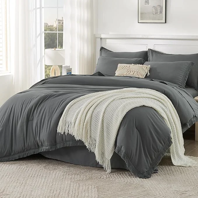Outstanding Andency California King Size Comforter Set with Sheets Dark Grey - 7 Pieces Cal King Bed in a Bag Boho Bedding Sets Dark Grey Bed Set with Comforter Sheets Pillowcases amp Shams Carefully Designed