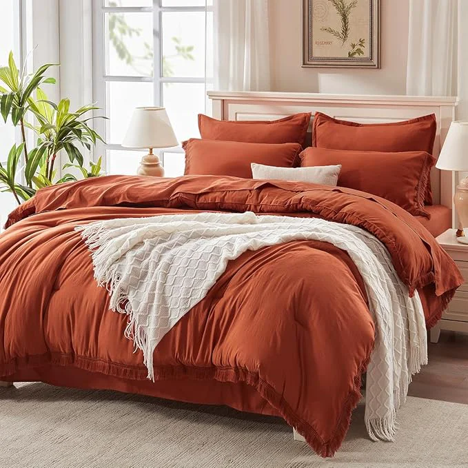 Advanced Andency King Size Comforter Set with Sheets Burnt Orange - 7 Pieces Bed in a Bag Boho Soft Lightweight Bedding Sets Terracotta Rust Tassel Bed Set with Comforter Sheets Pillowcases amp Shams Easy-to-Use