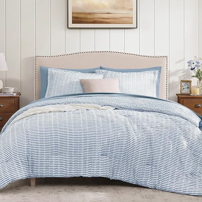 Specialty Queen Comforter Set - 7 Pieces Blue Gauze Muslin Bedding Sets for All Seasons Lightweight Breathable Bed in a Bag Queen with Revesible Farmhouse Comforter Sheets Pillowcases amp Shams Natural