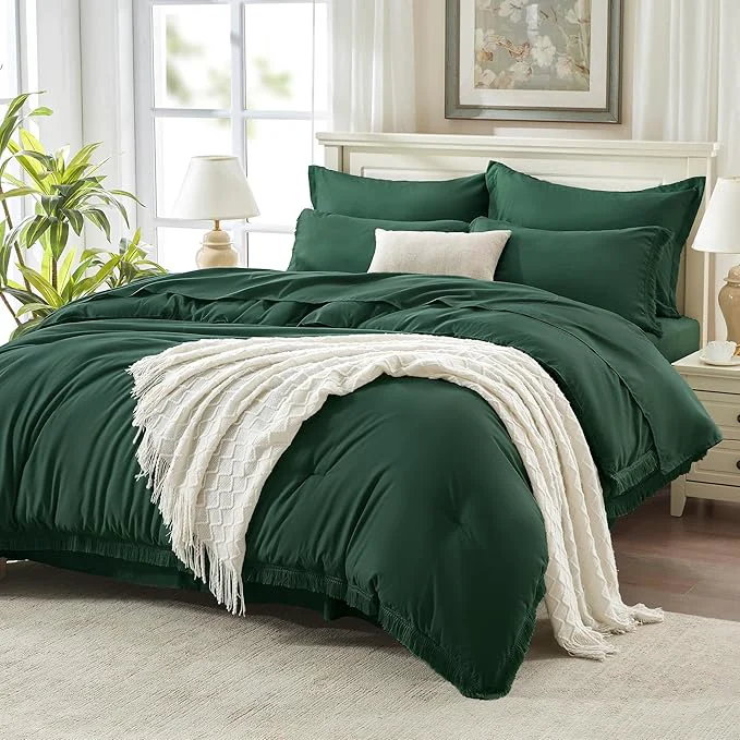 Verified Andency Queen Comforter Set with Sheets Dark Emerald Green -7 Pieces Bed in a Bag Boho Tassel Bedding Sets All Season Fringe Bed Set with Comforter Sheets Pillowcases amp Shams Quality