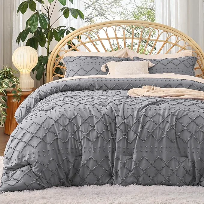 Bedsure Twin Comforter Set - Grey Comforter Boho Tufted Shabby Chic Bedding for Kids 2 Pieces Vintage Farmhouse Bed Set for All Seasons Fluffy Soft Bedding with 1 Pillow Sham Enhanced