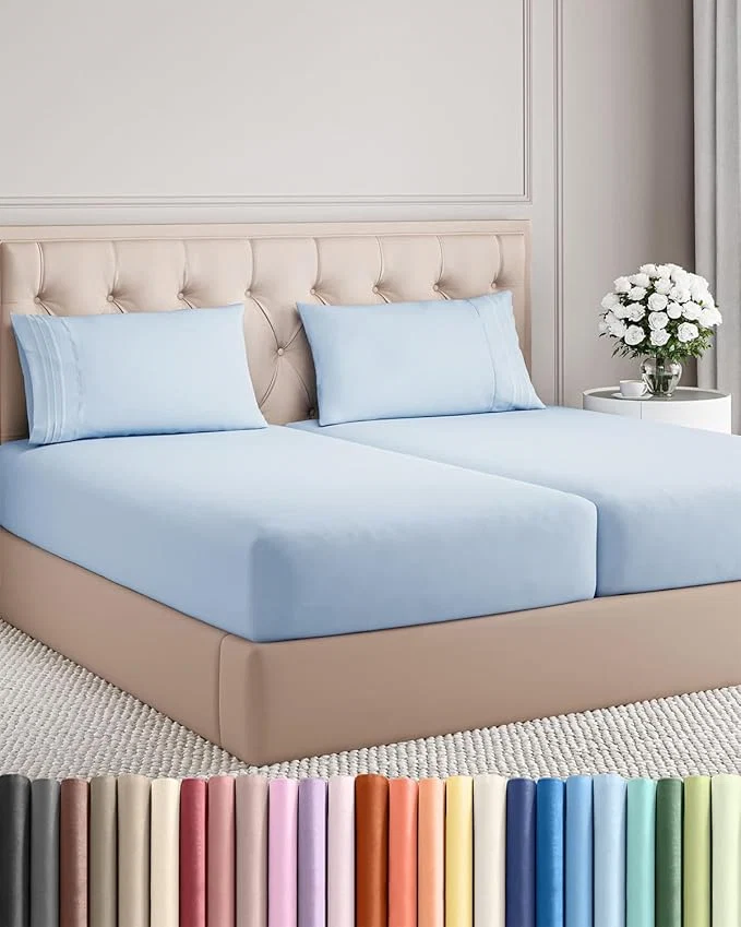 Efficient Split King Size 5 Piece Sheet Set - Comfy Breathable amp Cooling Bed Sheets Set - Hotel Luxury Bedding for Women Men Kids Teens Boys amp Girls - Deep Pockets Soft Wrinkle - Oeko-Tex - Sky Blue First-Class