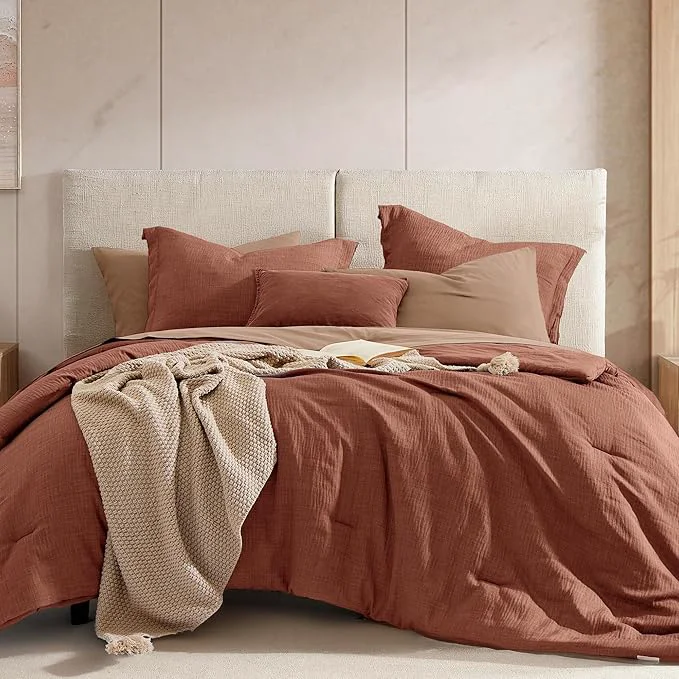 Original Geniospin Full Size Comforter Set- 7 Pieces Terracotta Textured King Bedding Set Soft Solid Bed in a Bag for All Seasons Fall Comforter Set with Sheets Clean