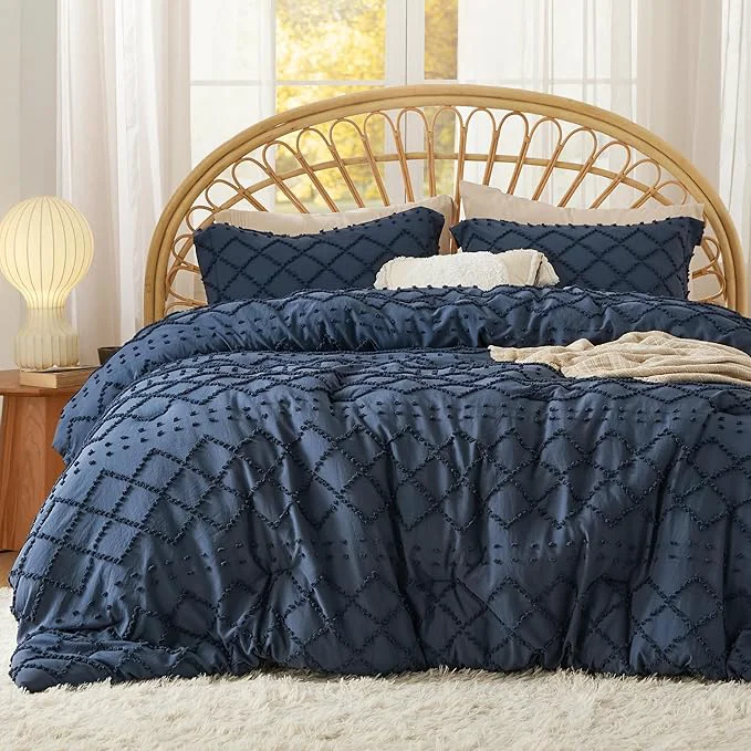 Smooth Bedsure Oversized Queen Comforter Set - Navy Blue Comforter Boho Tufted Shabby Chic Bedding 3 Pieces Vintage Farmhouse Bed Set for All Seasons Fluffy Soft Bedding with 2 Pillow Shams Expertly Made