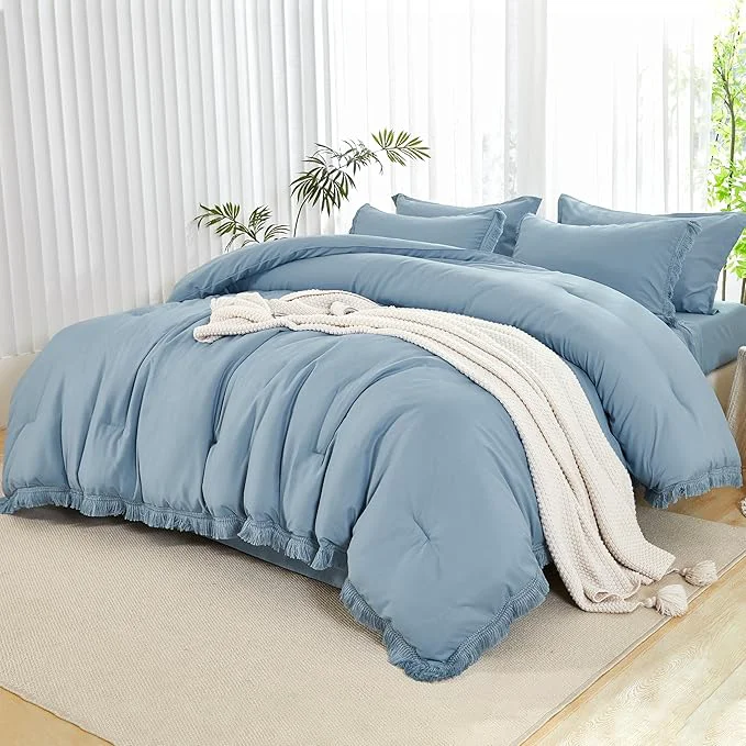 Exclusive Andency Queen Comforter Set with Sheets Grayish Blue -7 Pieces Boho Tassel Bed in a Bag Soft Lightweight Bedding Sets All Season Fringe Bed Set with Comforter Sheets Pillowcases amp Shams Sophisticated