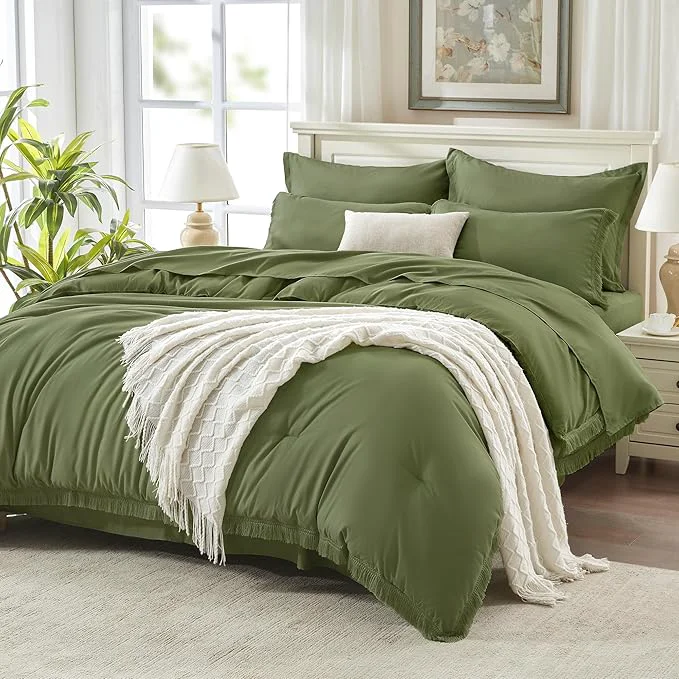 Original Andency Full Size Comforter Set with Sheets Olive Green -7 Pieces Bed in a Bag Boho Tassel Bedding Sets All Season Fringe Bed Set with Comforter Sheets Pillowcases amp Shams Smooth