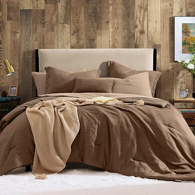 Natural Geniospin Brown Full Comforter Set - 7 Pieces Comforter Full Size Solid Bedding Set for All Season Textured Bed in a Bag with Sheets Dependable