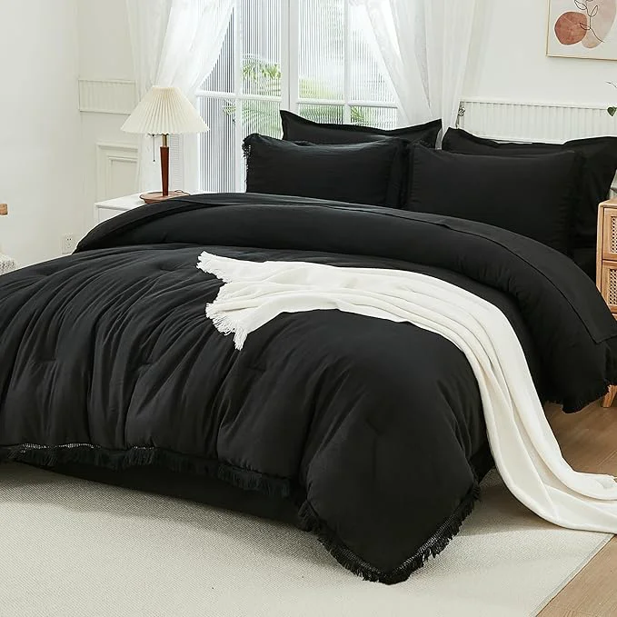 Advanced Andency California King Size Black Comforter Sets with Sheets - 7 Pieces Boho Tassel Bed in a Bag Soft Lightweight Bedding Sets Black Fringe Bed Set with Comforter Sheets Pillowcases amp Shams High-Performance
