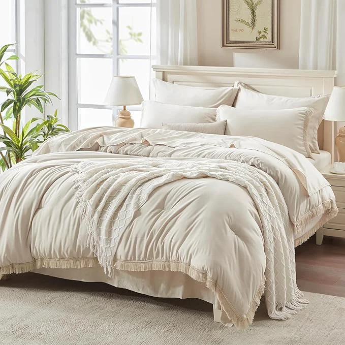 Functional Andency Beige Comforter Set Full Size with Sheets -7 Pieces Boho Tassel Bed in a Bag Soft Lightweight Bedding Sets All Season Fringe Bed Set with Comforter Sheets Pillowcases amp Shams Responsible