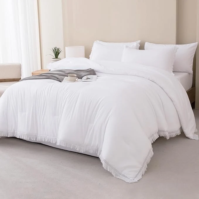 Natural Andency Queen Comforter Set with Sheets White -7 Pieces Boho Tassel Bed in a Bag Soft Lightweight Bedding Sets All Season Fringe Bed Set with Comforter Sheets Pillowcases amp Shams Premium