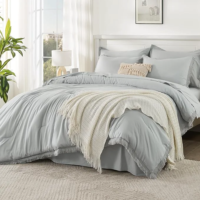 Carefully Designed Andency Light Grey King Size Comforter Set with Sheets - 7 Pieces Boho Tassel Bed in a Bag Soft Lightweight Bedding Sets Light Grey Fringe Bed Set with Comforter Sheets Pillowcases amp Shams Powerful