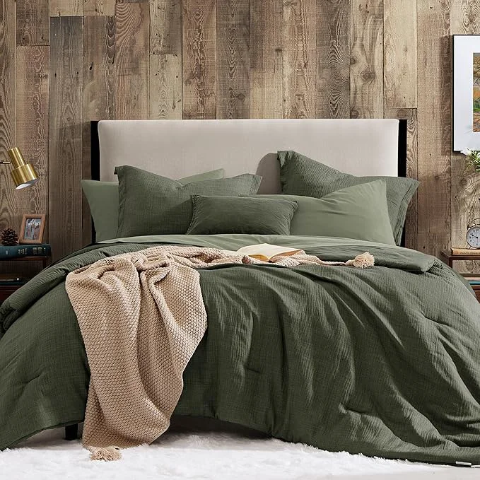 Premium Material Geniospin Dark Olive Green Queen Comforter Set - 7 Pieces Comforter Queen Size Solid Bedding Set for All Season Textured Bed in a Bag with Sheets Versatile