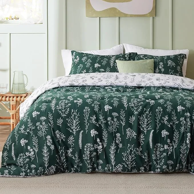 Refined Bedsure California King Comforter Set - Emerald Bed Set 3 Pieces Cute Floral Bedding 1 Soft Reversible Botanical Flowers Comforter and 2 Pillow Shams Stylish
