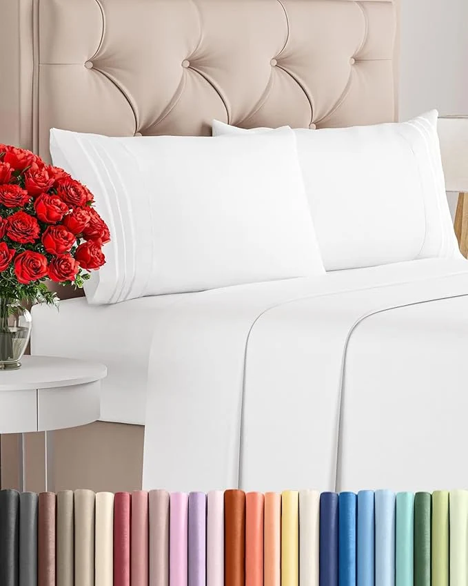 Efficient Cal King Size 4 Piece Sheet Set - Comfy Breathable amp Cooling Bed Sheets Set - Hotel Luxury Bedding for Women Men Kids Teens Boys amp Girls - Deep Pockets Ultra-Soft Wrinkle - Oeko-Tex - White Responsible