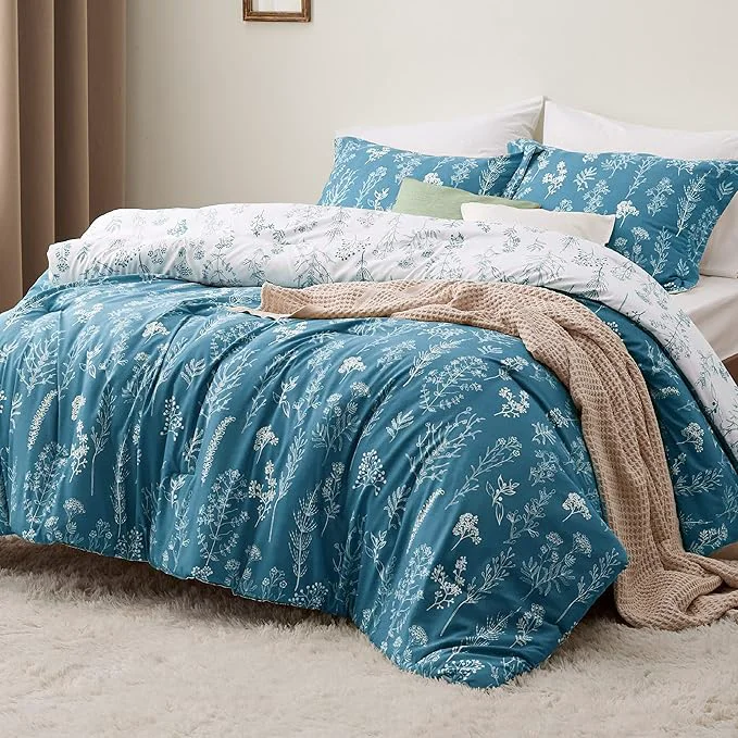 Convenient Bedsure California King Comforter Set - Teal Blue Bed Set 3 Pieces Cute Floral Bedding 1 Soft Reversible Botanical Flowers Comforter and 2 Pillow Shams Top-Quality