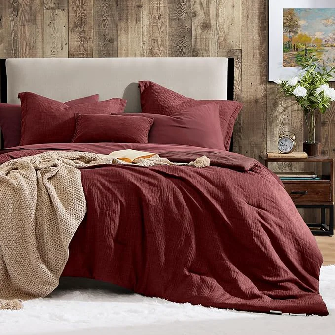 Premium Geniospin King Comforter Set - 7 Pieces Comforter King Size Soft Solid Bedding Set for All Season Dark Red Textured Bed in a Bag with Sheets Pillowcases amp Shams Safe