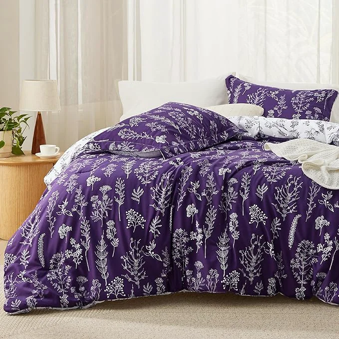 Contemporary Bedsure Twin Twin XL Comforter Set - Dark Purple Bed Set 2 Pieces Cute Floral Bedding 1 Soft Reversible Botanical Flowers Comforter and 1 Pillow Sham Outstanding