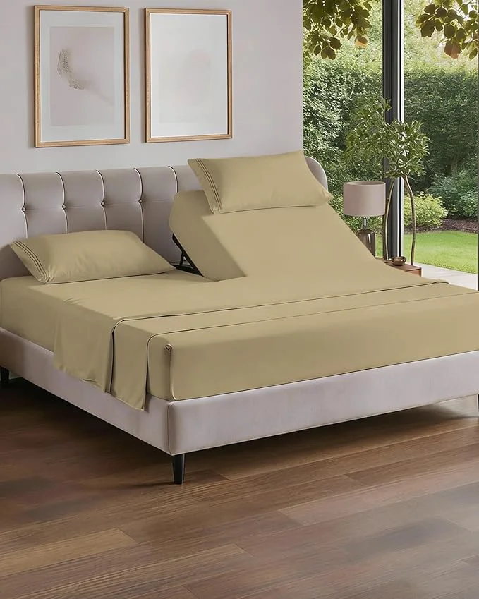 Versatile Flex Top Split Head King 4 Piece Sheet Set - Comfy Breathable amp Cooling Bed Sheets Set - Hotel Luxury Bedding for Women Men Kids Teens Boys amp Girls - Deep Pockets Ultra-Soft - Oeko-Tex - Beige Premium Material