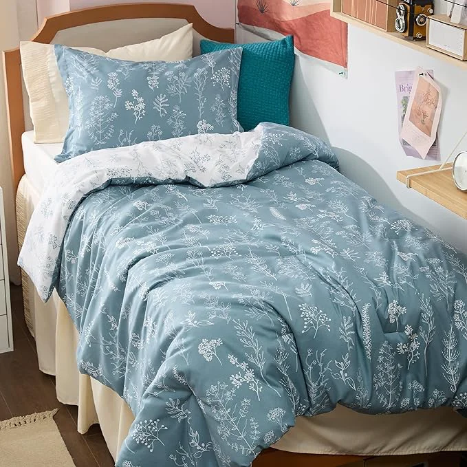 Bedsure Twin Twin XL Comforter Set - Mineral Blue Bed Set 2 Pieces Cute Floral Bedding 1 Soft Reversible Botanical Flowers Comforter and 1 Pillow Sham Minimalist