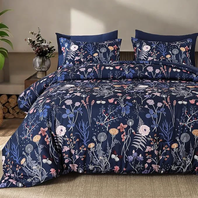 Professional Yiran King Size Comforter Set 7 Pieces Navy Blue Floral Soft Bedding Sets King Bed in a Bag with Botanical Flowers Winter Comforter Sheets Pillowcases amp Shams User-Friendly