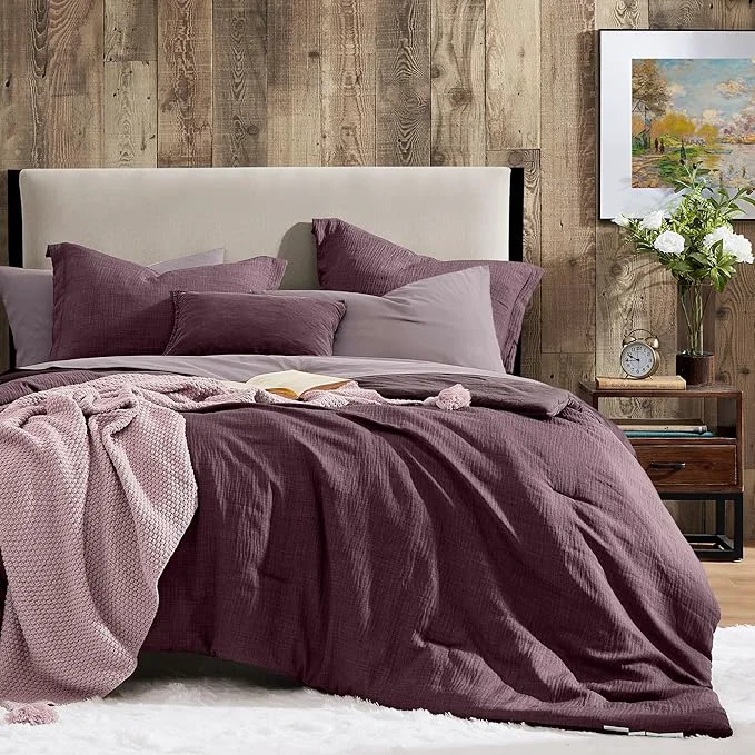 Safe Geniospin Purple Queen Comforter Set - 7 Pieces Egglant Comforter Queen Size Solid Bedding Set for All Season Textured Bed in a Bag with Sheets Verified