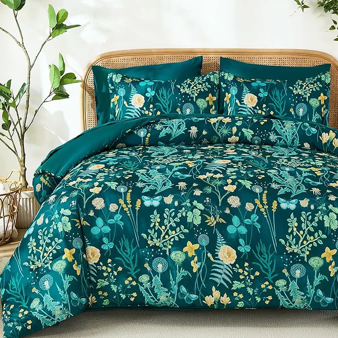 Superior Yiran Queen Comforter Set 7 Piece Teal Green Floral Bedding Set Bed in a Bag Queen Size with Botanical Flowers Spring Soft Lightweight Complete Comforters with Sheets for All Season
