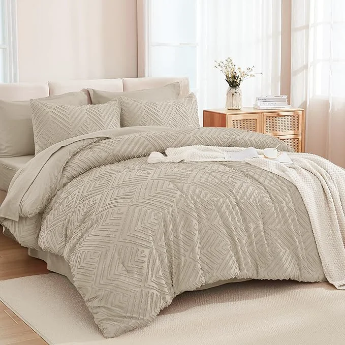 High-End Andency King Size Comforter Set 7 Pieces Oatmeal - Bed in a Bag King Boho Lightweight Fluffy Tufted Bedding Sets with Comforter Sheets Pillowcases amp Shams Exclusive