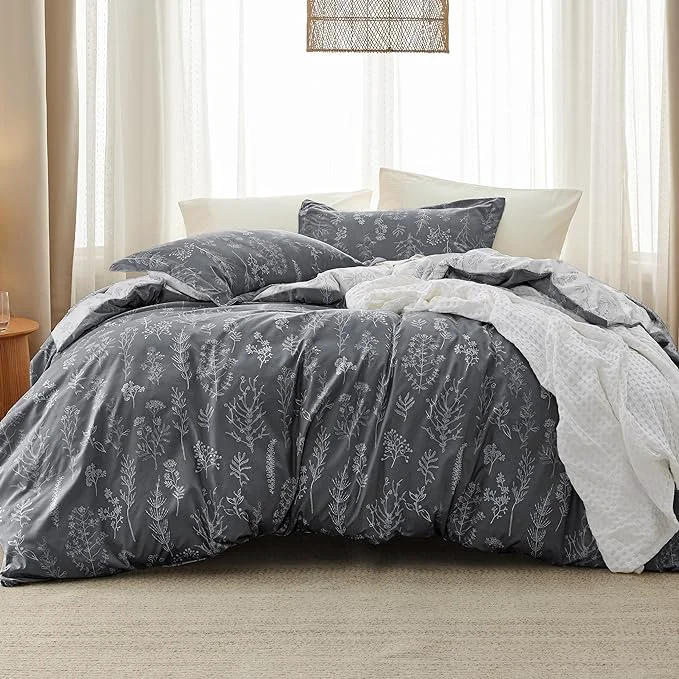 Contemporary Bedsure King Comforter Set - Dark Grey Bed Set 3 Pieces Cute Floral Bedding 1 Soft Reversible Botanical Flowers Comforter and 2 Pillow Shams Fashionable