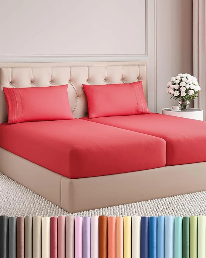 Next-Generation Split King Size 5 Piece Sheet Set - Comfy Breathable amp Cooling Bed Sheets Set - Hotel Luxury Bedding for Women Men Kids Teens Boys amp Girls - Deep Pockets Ultra-Soft Wrinkle - Oeko-Tex - Red Fashionable