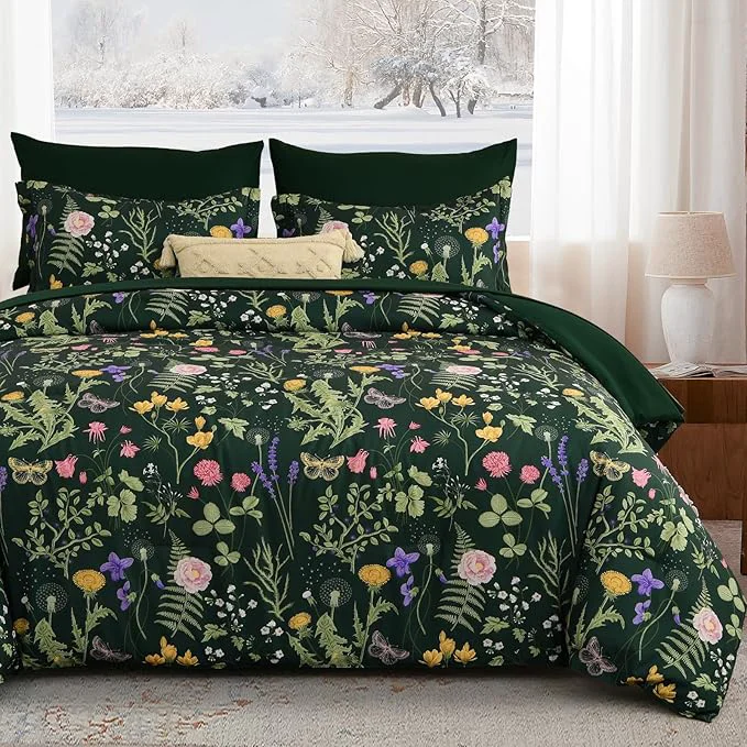 Unique Yiran Queen Comforter Set 7 Piece Dark Green Floral Bedding Set Bed in a Bag Queen with Botanical Flowers Patterns Soft Lightweight Complete Comforters with Sheets for All Season Original