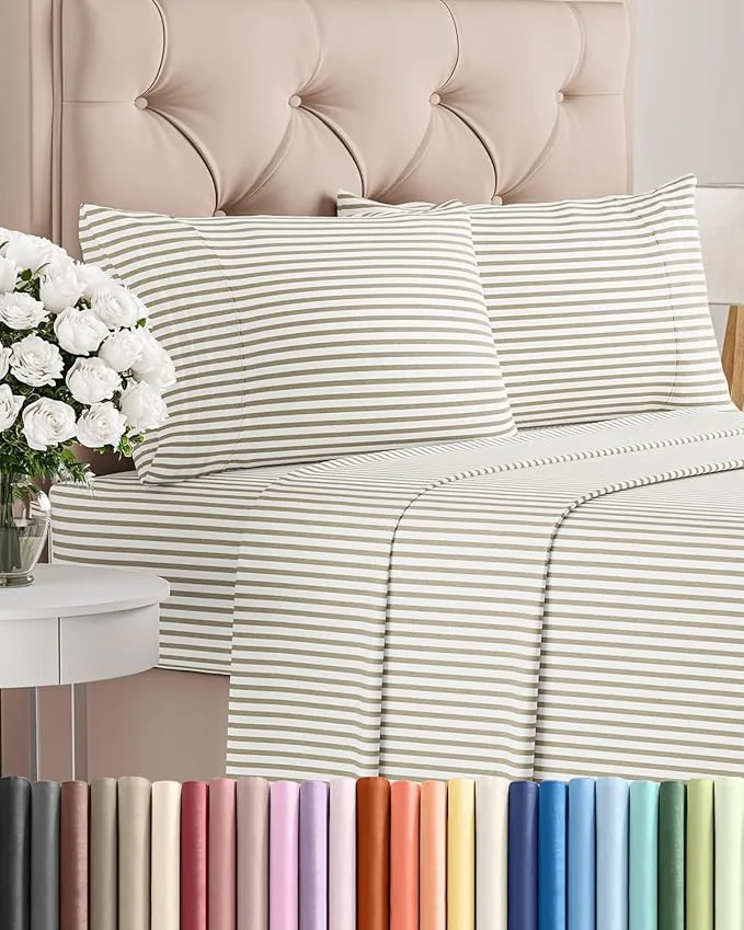 Exceptional King Size 4 Piece Sheet Set - Comfy Breathable amp Cooling Bed Sheets Set - Hotel Luxury Bedding for Women Men Kids Teens Boys amp Girls - Deep Pockets Soft Wrinkle - Oeko-Tex - Beige Stripes 2 Organic
