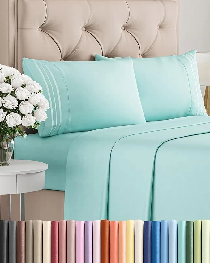 Selected Cal King Size 4 Piece Sheet Set - Comfy Breathable amp Cooling Bed Sheets Set - Hotel Luxury Bedding for Women Men Kids Teens Boys amp Girls - Deep Pockets Soft Wrinkle - Oeko-Tex - Spa Blue Premium Material