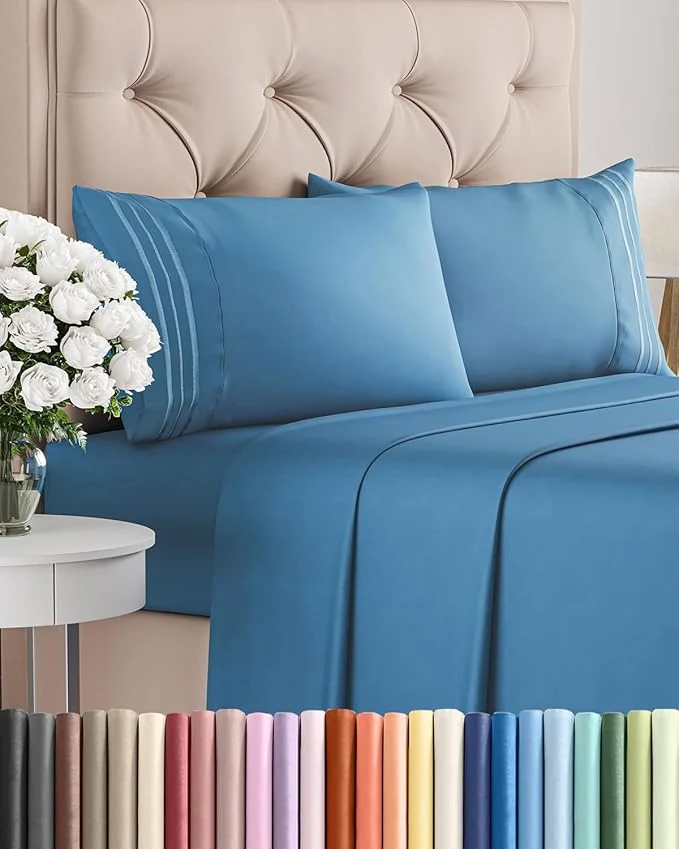 Clean Queen Size 4 Piece Sheet Set - Comfy Breathable amp Cooling Bed Sheets Set - Hotel Luxury Bedding for Women Men Kids Teens Boys amp Girls - Deep Pockets Soft and Wrinkle - Oeko-Tex - Denim Blue Top-Quality