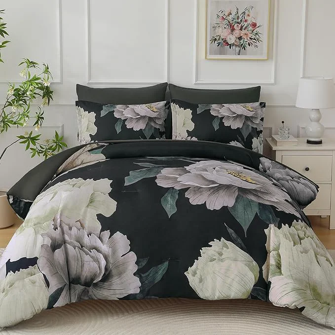 Quality Dobuyly Black Comforter Set Queen 7 Piece Bed in a Bag Floral Comforter Set with Sheets Soft Microfiber Botanical Flower Bedding Set for All Season Pure