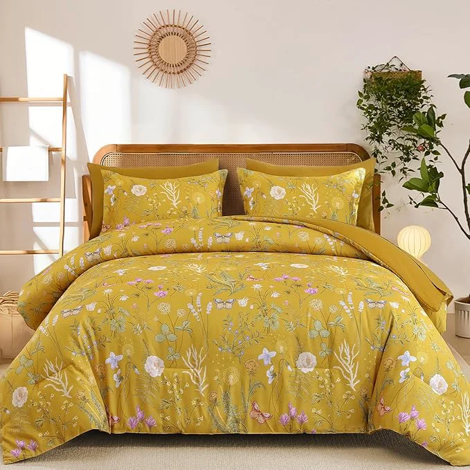 Sophisticated Yiran King Size Comforter Set 7 Pieces Yellow Floral Soft Bedding Sets King Bed in a Bag Botanical Flowers All Season Comforter Sheets Pillowcases amp Shams Natural