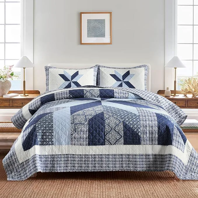 World-Class Secgo Handmade Quilted Cotton King Comforter Set for Bed - Cotton Quilts King Size Black Bedspreads 96 108 Inch with 2 Pillow Shams Patchwork Reversible Lightweight Bedding Safe