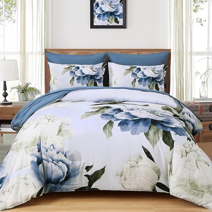 Fine Crafted Dobuyly California King Comforter Set 7 Piece Bed in a Bag Blue Floral Printed on Light Blue Cal King Comforter Set with Sheets Soft Microfiber Botanical Complete Bedding Set for All Season Stylish