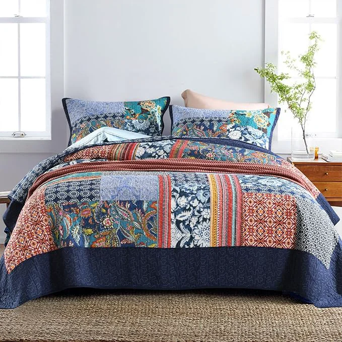 Trendy Secgo Queen Comforter Set for Bed - Cotton Quilts Queen Size Navy Bohemia Bedspreads 90 98 Inch with 2 Pillow Shams Patchwork Reversible Lightweight Bedding High-Grade