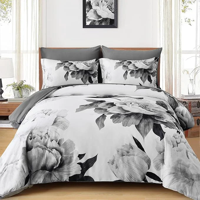 Exceptional Dobuyly Grey Full Size Comforter Set 7 Piece Bed in a Bag Gray Floral Printed on White Comforter Set with Sheets Soft Microfiber Botanical Farmhouse Bedding Set for All Season Original Design