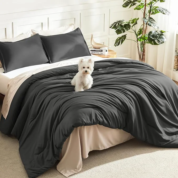 Functional Litanika Grey Comforter King Size Set Dark Gray Lightweight Plain Bedding Comforters Sets All Season Fluffy Bed Set 104x90In Comforter amp 2 Pillowcases Fast