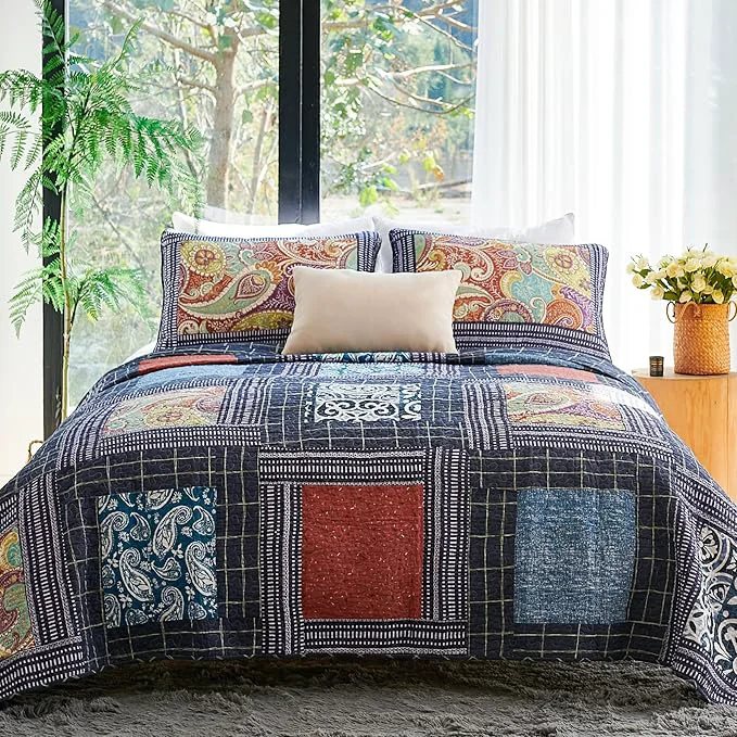 Carefully Designed Secgo King Size Comforter Set- Cotton Quilt King Size Set Black bedspreads 96 108 Inch with 2 Pillow Shams Patchwork Reversible Lightweight Bedding Safe