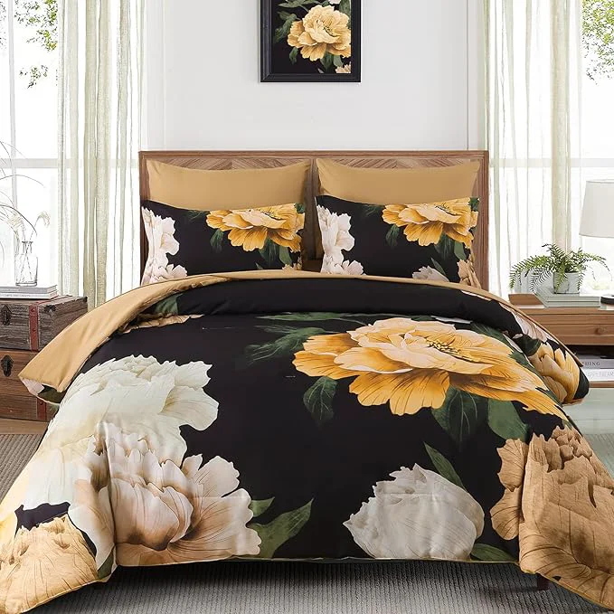 Quality Dobuyly King Size Comforter Set 7 Piece Bed in a Bag Yellow Brown Floral Printed on Black Comforter Set with Sheets Soft Microfiber Botanical Boho Complete Bedding Set for All Season High-Quality