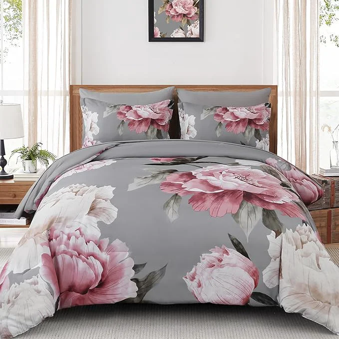 Specialty Dobuyly Pink and Grey Comforter Set Full Size 7 Piece Bed in a Bag Floral Printed on Gray Full Comforter Set with Sheets Soft Microfiber Botanical Complete Bedding Set for All Season Clean